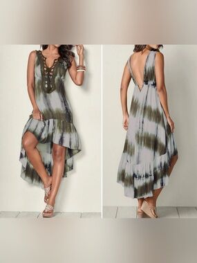 VENUS Olive and Ivory Tie-Dye V-Neck Maxi Dress